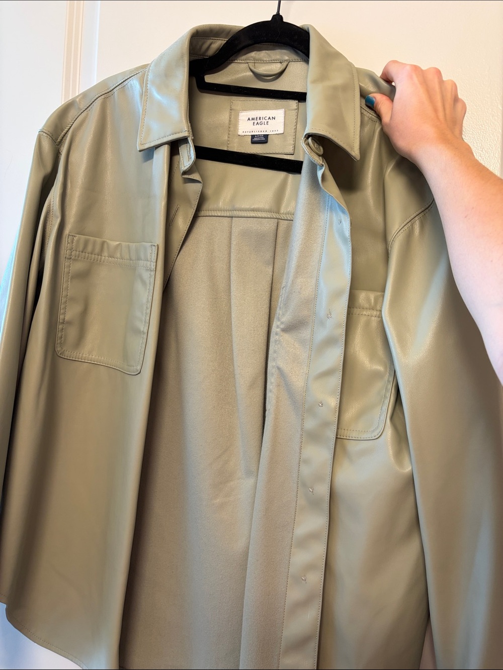 American Eagle Outfitters Faux Leather Shacket in Light Sage